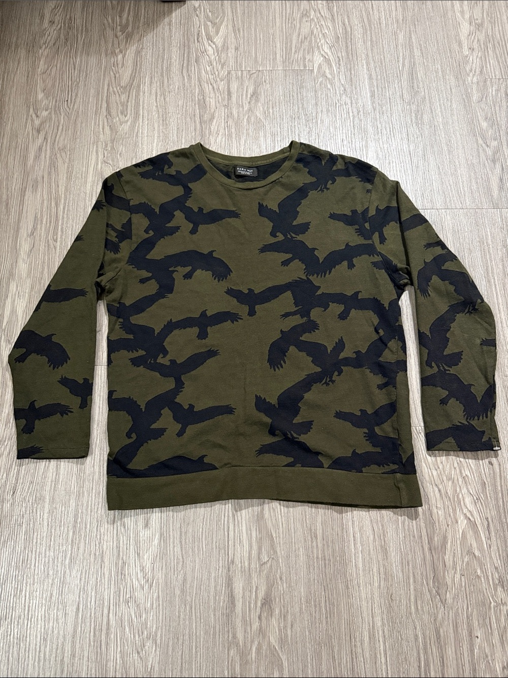 Zara Man Olive Green Crewneck Sweater with Black Bird Motif Size XL